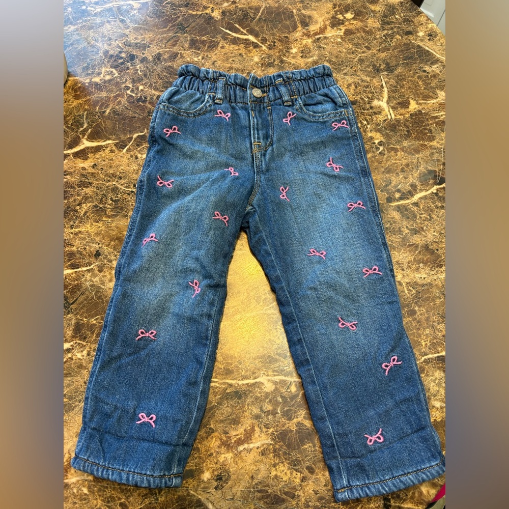 BABY GAP Dark Blue Denim Pants with Pink Bow Embroidery fleeced lining